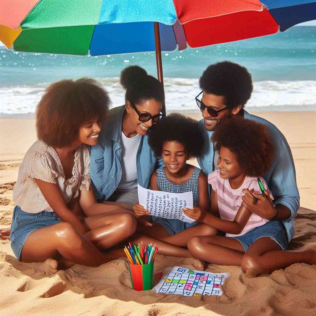 famiglia sotto l'ombrellone che risolve enigmi