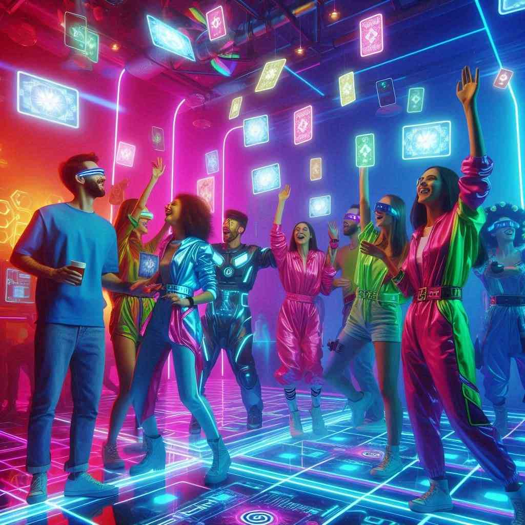 amici che ballano in una discoteca futuristica
